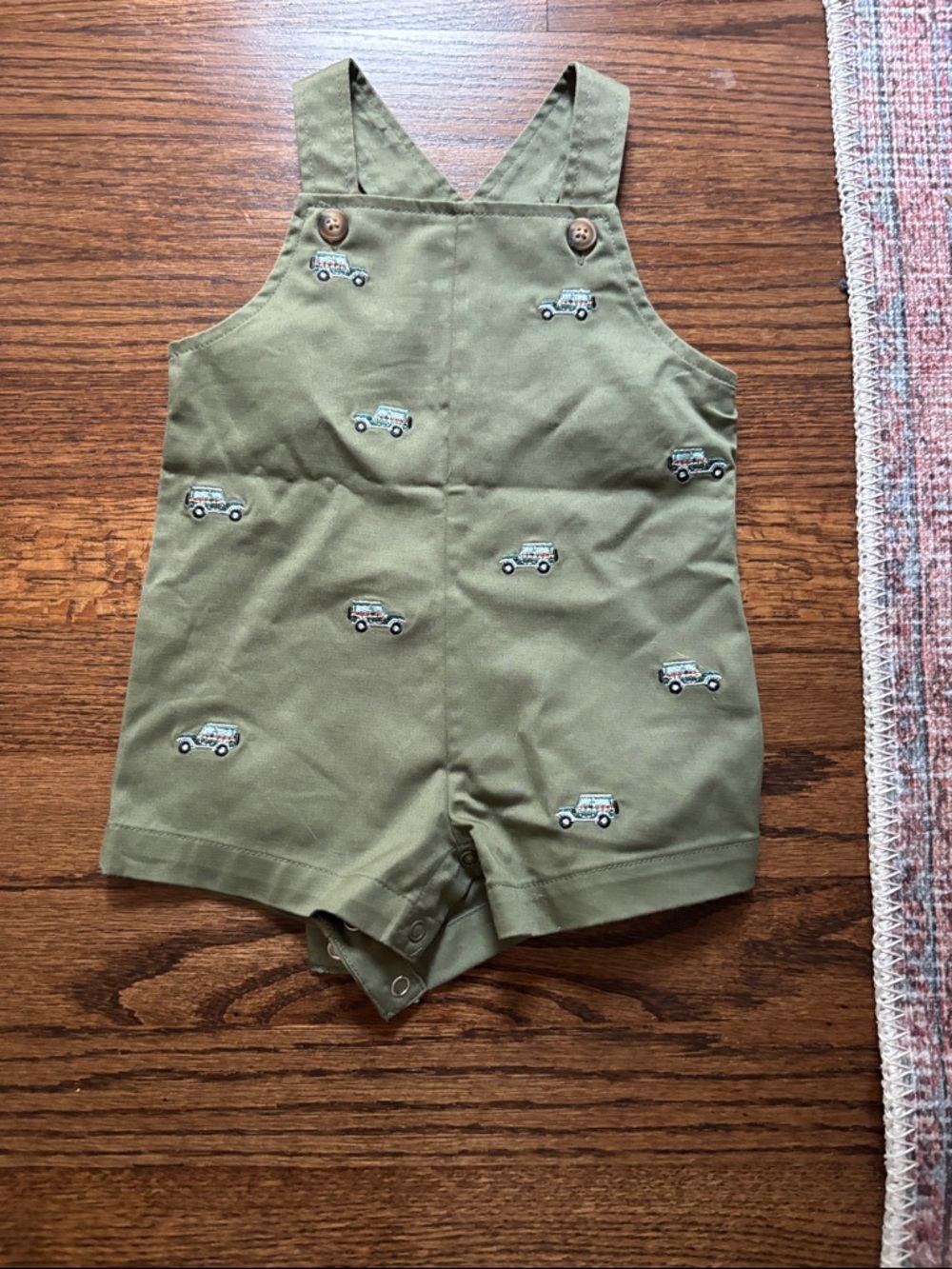 Olive Green Baby Shortalls with Embroidered Cars